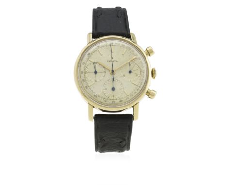 A RARE GENTLEMAN'S LARGE SIZE 18K SOLID GOLD ZENITH CHRONOGRAPH WRIST WATCH CIRCA 1960s
D: Silver dial with gilt batons &amp;