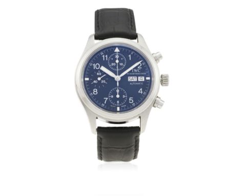 A GENTLEMAN'S STAINLESS STEEL IWC DER FLIEGER AUTOMATIC CHRONOGRAPH WRIST WATCH CIRCA 2000, REF. 3706
D: Black dial with Arab