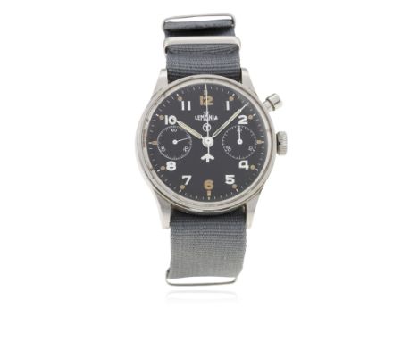 A RARE GENTLEMAN'S STAINLESS STEEL BRITISH MILITARY ROYAL NAVY LEMANIA SINGLE BUTTON CHRONOGRAPH PILOTS WRIST WATCH CIRCA 196