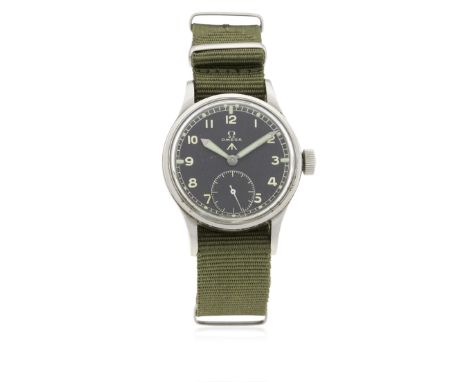 A GENTLEMAN'S STAINLESS STEEL BRITISH MILITARY OMEGA W.W.W.&nbsp;WRIST WATCH CIRCA 1940s
D: Black dial with Arabic numerals, 