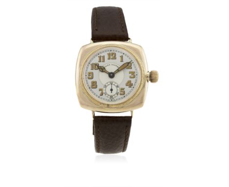 A GENTLEMAN'S 9CT SOLID GOLD ROLEX OYSTER CUSHION WRIST WATCH CIRCA 1930 
D: Two tone silver dial with luminous Arabic numera