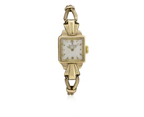 A LADIES 9CT SOLID GOLD ROLEX PRECISION BRACELET WATCH CIRCA 1950s&nbsp;
D: Silver dial with gilt batons &amp; Arabic numeral