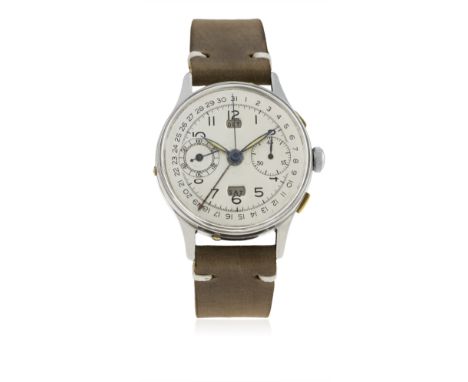 A GENTLEMAN'S STAINLESS STEEL ANGELUS CHRONODATO WRIST WATCH CIRCA 1940s WITH REFINISHED DIAL
D: Silver dial with black Arabi