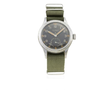 A GENTLEMAN'S STAINLESS STEEL BRITISH MILITARY BUREN GRAND PRIX W.W.W. WRIST WATCH CIRCA 1940s WITH "L" CASE
D: Black dial wi