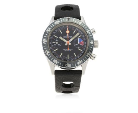 A GENTLEMAN&rsquo;S STAINLESS STEEL CHRONOSPORT&nbsp;CHRONOGRAPH WRIST WATCH CIRCA 1970s&nbsp;
D: Black&nbsp;dial with lumino