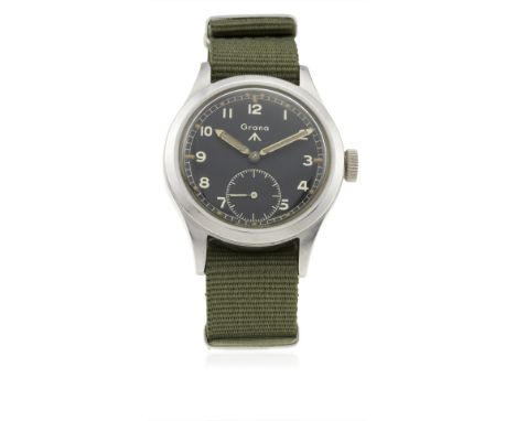A RARE GENTLEMAN'S STAINLESS STEEL BRITISH MILITARY GRANA W.W.W.&nbsp;WRIST WATCH CIRCA 1940s 
D: Black dial with Arabic nume