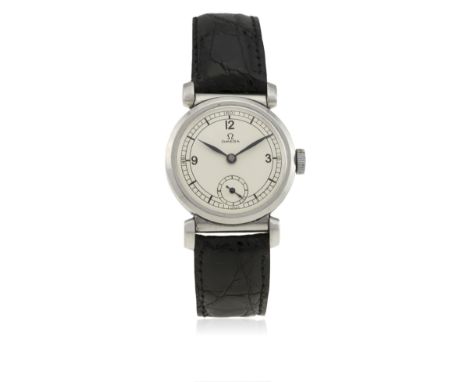 A GENTLEMAN'S STAINLESS STEEL OMEGA WRIST WATCH CIRCA 1935, REF. 9229782 
D: Silver dial with black quarterly Arabic numerals