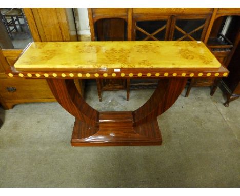An Art Deco style maple and rosewood effect console table