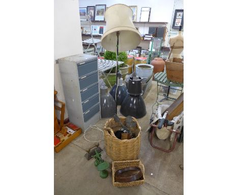 A Victorian cast iron door stop, kitchen scales, wrought iron standard lamp, wicker baskets, etc.