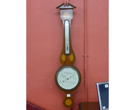 An inlaid mahogany banjo barometer, the dial signed J. Taylor, Nottingham 