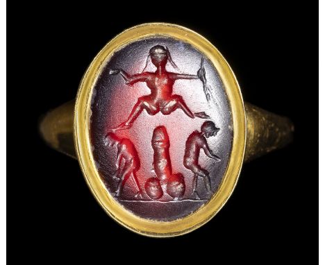 A POSTCLASSICAL CARNELIAN INTAGLIO SET IN A MODERN SOLID GOLD RING. EROTIC SCENE. 19th - 20th century Stone 12x15 mm; int. si