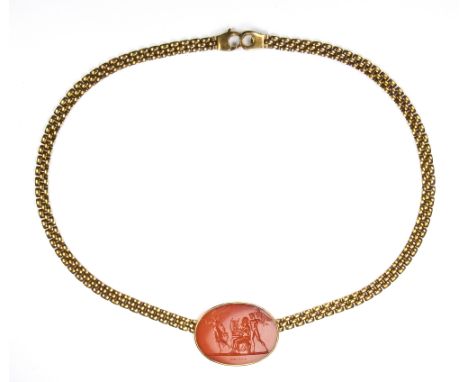 A PONIATOWSKI CARNELIAN INTAGLIO SET IN A MODERN GOLD NECKLACE. MYTHOLOGICAL SCENE WITH HOMER. 19th century 400 mm circa; sto