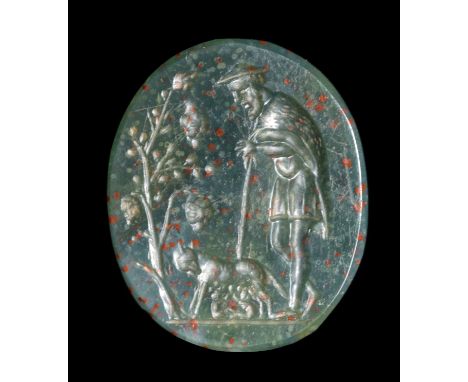 A FINE ROMAN BLOODSTONE INTAGLIO. FAUSTULUS WITH THE SHEWOLF FEEDING ROMULUS AND REMUS. 1st century A.D.12 x 14 x 1 mmThe she