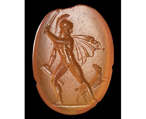 A NEOCLASSICAL CARNELIAN INTAGLIO. AJAX KILLING THE ANIMALS.Late 18th- Early 19th century A.D.15x20x4 mmThis scene appears to