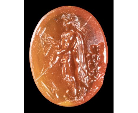A ROMAN CARNELIAN INTAGLIO. WARRIOR. 1st - 2nd century A.D.11x14x3 mmThe warrior faces left and is characterized by a muscula