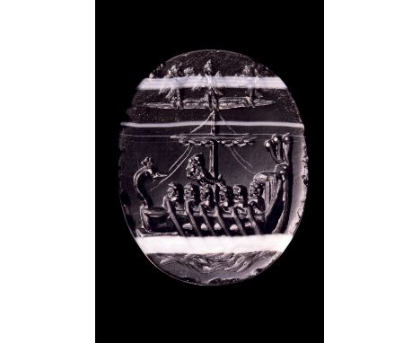 A LARGE ROMAN ITALIC BANDED AGATE INTAGLIO. ULYSSES ON THE BOAT. 2nd - 1st century B.C.16 x 19 x 4 mmUlysses bond to the mast