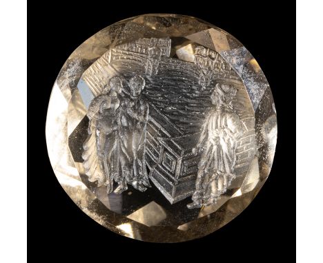 A LARGE CITRINE INTAGLIO. DANTE AND BEATRICE. 19th century Diam. 31x14 mm The scene depicts a famous episode of the Italian l