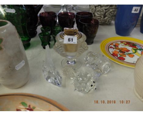 A Lalique lighter A/F, Daum glass ornament, two pieces of Swarovski and one other
