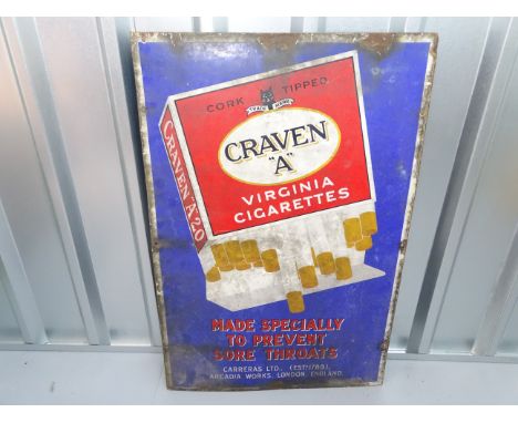 CRAVEN 'A' Virginia Cigarettes (24" x 36") - 'Made Specially to Prevent Sore Throats' enamel single sided advertising sign