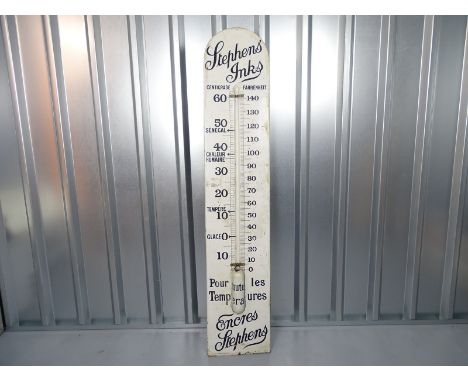 STEPHENS INKS (12" x 60")- bilingual French / English advertising thermometer - enamel flanged over pine backing board - ther