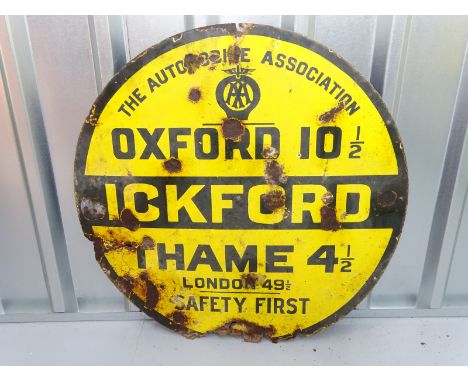 AUTOMOBILE ASSOCIATION (30" diameter) - place name circular enamel sign - with distances in miles to OXFORD - THAME - LONDON