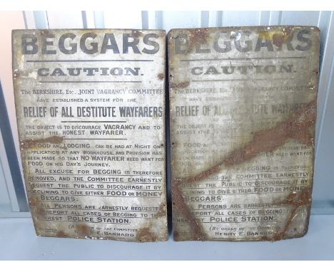 Pair of Berkshire Joint Vagrancy Committee enamel single sided public notices 'Beggars - Caution' - Maidenhead Jan 1st 1911 (