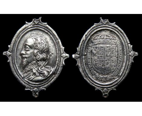 Charles I Supporters Pendant.  Circa, 1649 AD. Silver, 2.66 g, 24.58 mm. Bust of Charles I with falling lace collar left, wit