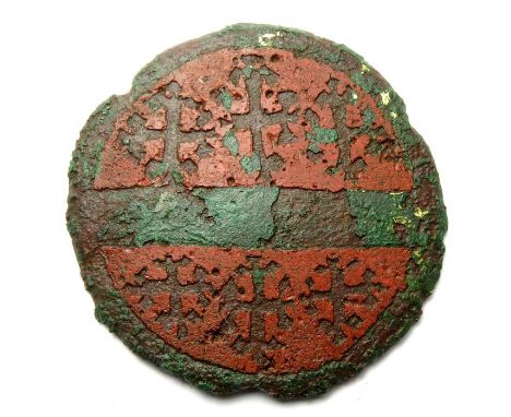 Medieval Heraldic Mount  Circa, 14th century AD. Copper-alloy, 13.4 g, 40 mm. A round mount displaying the arms of Thomas de 