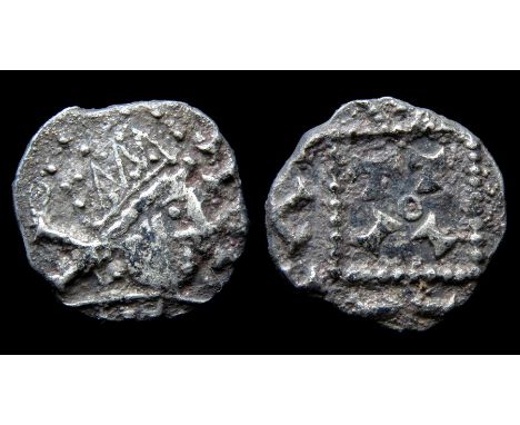 Series A Sceattas.  Circa late 7th century AD. Silver 1.15 g, 12.23 mm. Radiate bust right, TIC in front. R. Votive standard 