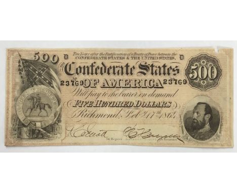 Confederate States of America 1864 seventh issue, Richmond February 17th, 500 Dollar,  number 23769, Banknote, hand written s