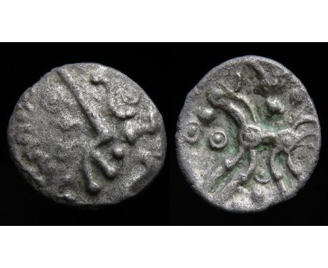 Dobunni Silver Unit Circa, 20 BC-10 AD. Silver, 1.01 g, 13.17 mm. Moon head right, stalk lips. R. Annulate horse left, pellet