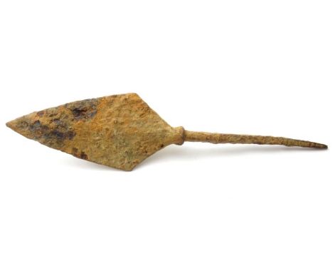 Roman Arrow Head Circa, 1st-4th century AD. Iron, 15.53 g, 111.62 mm. A tanged leaf-shaped arrow-head in a very good state of