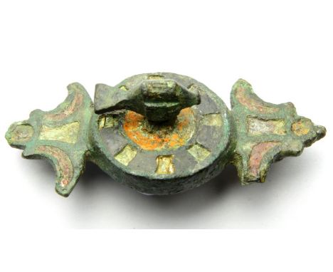 Roman Composite Brooch.  Circa, 2nd century AD. Copper-alloy, 45mm x 19mm, 8.1g. A scarce type formed of a circular centre pa
