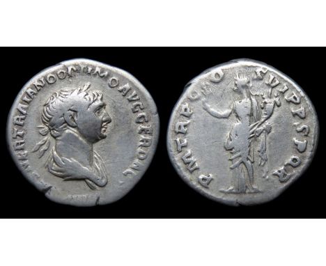 Trajan Denarius Rome, AD 116. Silver, 2.96 g, 18.45 mm. Laureate and draped bust right, IMP CAES NER TRAIANO OPTIMO AVG GER D