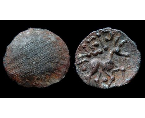 Corieltavi VEP Silver Half Unit.  Circa, 10-40 AD. Silver, 13mm, 0.37g. Blank. R. Horse right, VEP above, pellet below. Ref: 