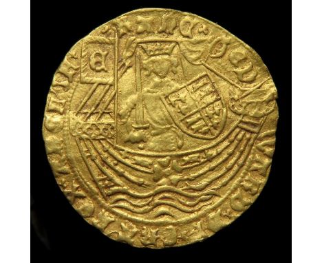 Edward IV Gold Half Ryal.  Light coinage, 1464-70 AD. Gold, 28mm, 3.80g. King standing in ship holding sword and shield, EDWA