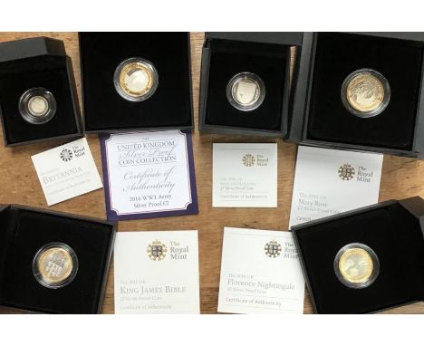 Royal Mint Silver Proof Coins in Original Caseswith Certificates, including 2011 King James Bible £2 coin, 2010 Britannia ten