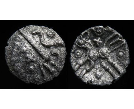 Dobunni Silver Unit Circa, 20 BC-10 AD. Silver, 0.82 g, 12.52 mm. Moon head right. R. Triple-tailed annulate horse left, cros