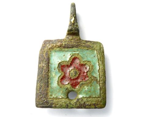 Medieval harness pendant .  Circa, 14th century AD. Copper-alloy, 35mm x 23mm. 16.5g. A rectangular pendant filled with ename