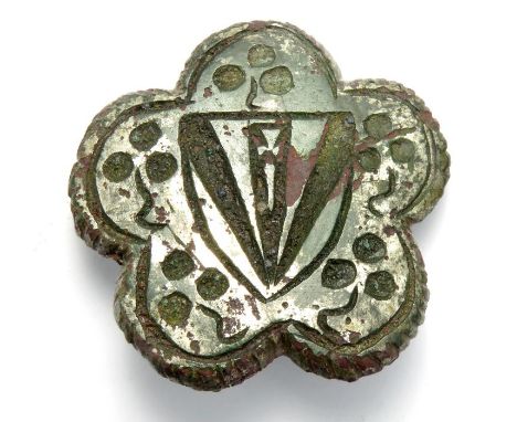Medieval Heraldic Mount  Circa, 14th century AD. Copper-alloy, 40.0 g, 46mm x 45mm. A cinquefoil mount with silvered surface 