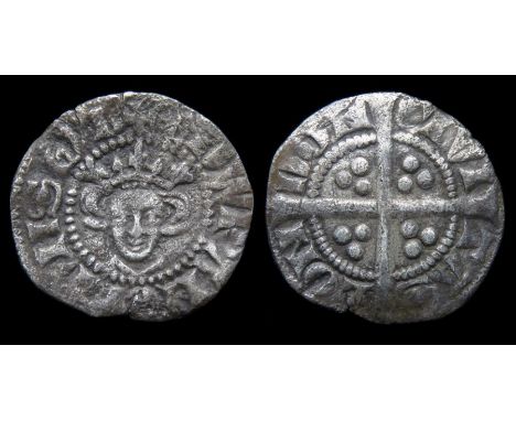 Edward I Halfpenny. Circa 1280 AD. Silver, 0.62 g, 13.97 mm. Crowned facing bust, +EDWR ANGL DNS HYB. R. Cross with pellets i