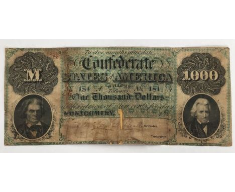 Rare Secessionist States, Confederate States of American, $1000 Dollar Banknote Montgomery5,6,1861 Green on Black, portrait o