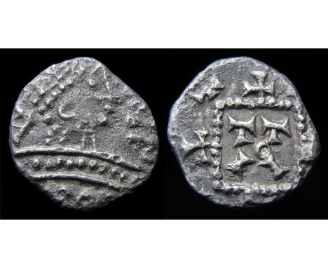 Series C Sceattas.  Circa 7th century AD. Silver, 1.16 g, 10.48 mm. Radiate bust right, pellets behind, runic letters in fron