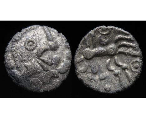 Dobunni, Cotswold Eagle Silver Unit. Circa, 20 BC-10 AD. Silver, 13mm, 0.88g. Moon head right. R. Triple tailed annulate hors