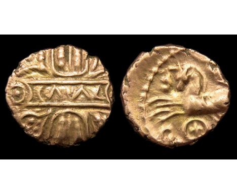 Cunobelin Biga Quarter Stater.  Circa, 10-40 AD. Gold, 1.36 g, 11.50 mm. CAMVL in tablet on vertical wreath, heart shapes in 