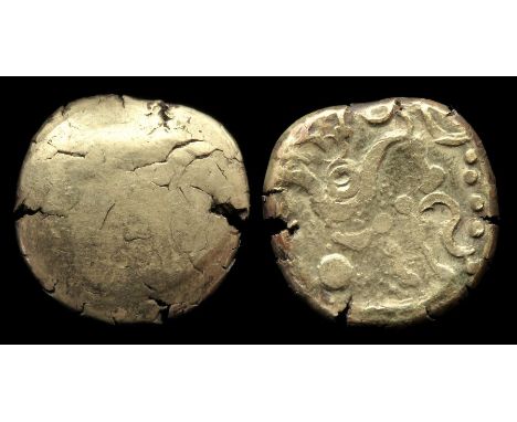 Ambiani Gold Stater Circa, 60-50 BC. Gold, 5.8 g, 17 mm. Blank. R. Horse right, large pellet below. S below head. possibly an