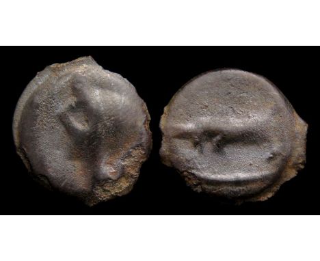 Cantiaci Potin Circa 120-100 BC. Copper-alloy, 2.39 g, 17.20 mm. Degrade head of Apollo left. R. Degraded bull left. Ref: VA 