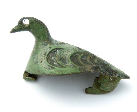 Roman Duck Brooch  Circa, 2nd century AD. Copper-alloy, 7.64 g, 35.01 mm. A zoomorphic brooch in the form of a duck decorated