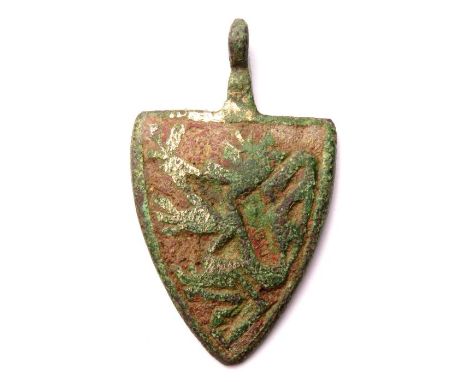 Medieval Heraldic Pendant  Circa, 13th-14th century AD. Copper-alloy, 9.84 g, 42.92 mm. A shield shaped horse harness pendant