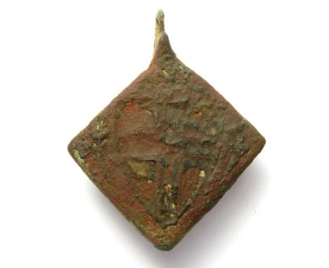 Medieval Heraldic Pendant. Circa 13th century AD. Copper-alloy, 9.56 g, 37.71 mm. A lozenge-shape heraldic horse harness pend